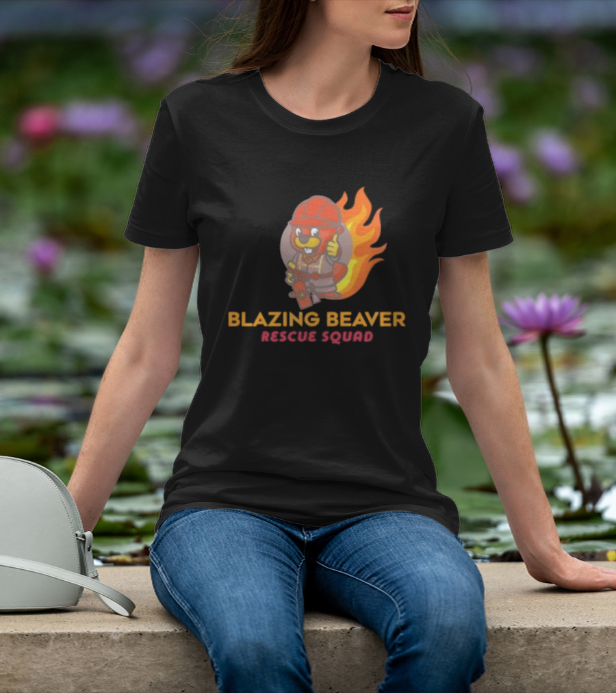 Blazing Beaver Rescue Squad Firefighter Cartoon With Flames T-Shirt