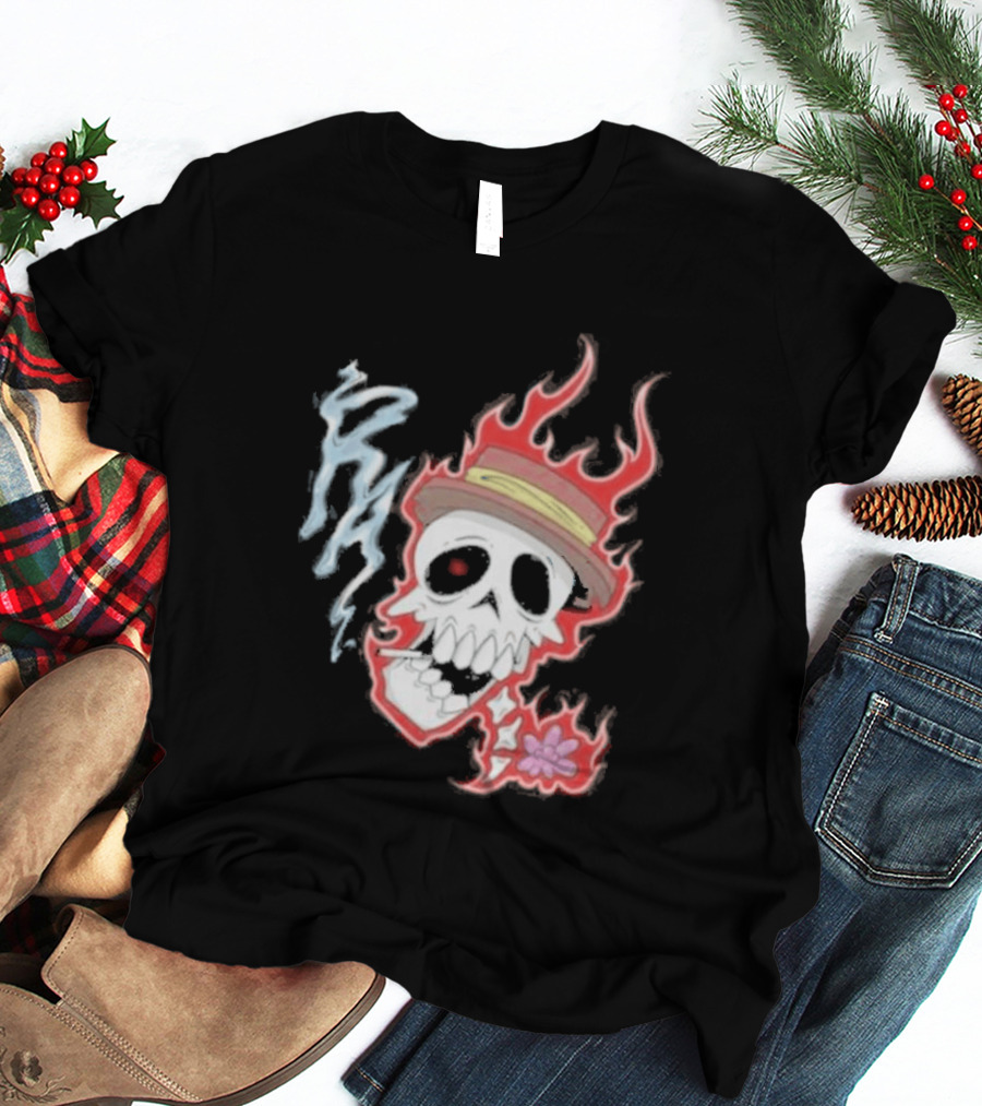 Rare Americans Skull With Flames And Hat Flower T-Shirt