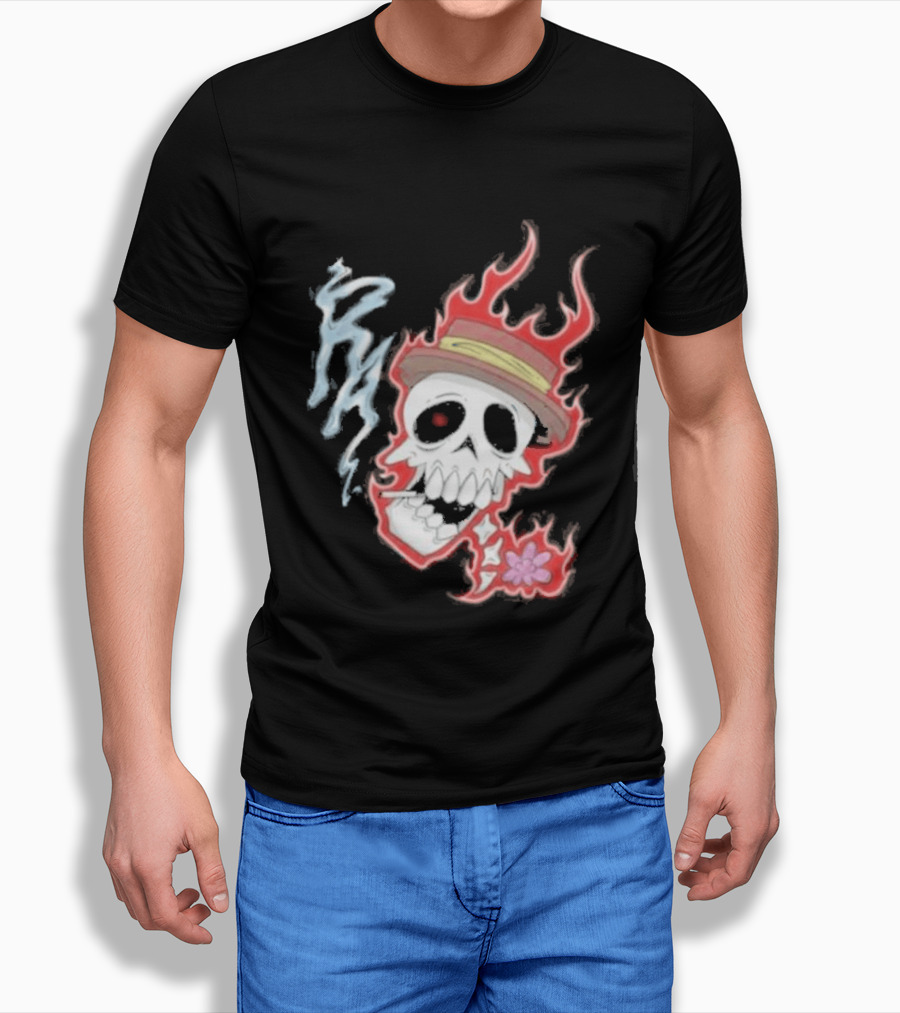 Rare Americans Skull With Flames And Hat Flower T-Shirt