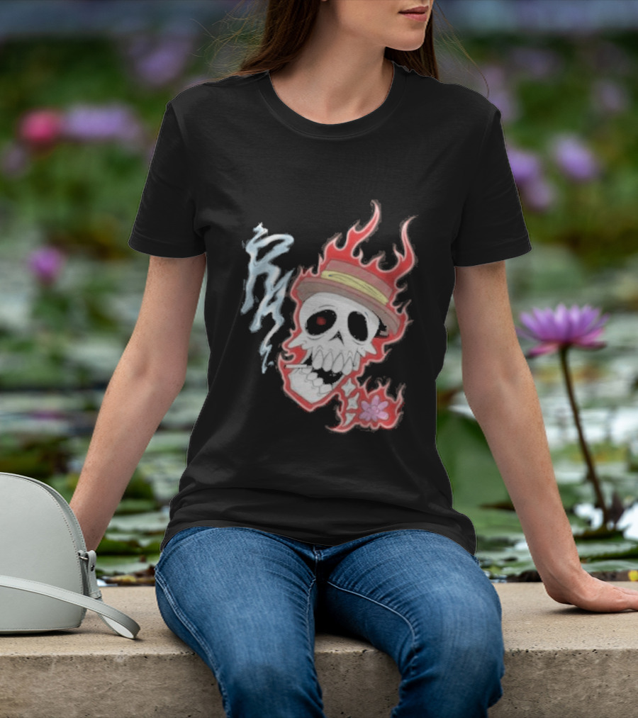 Rare Americans Skull With Flames And Hat Flower T-Shirt