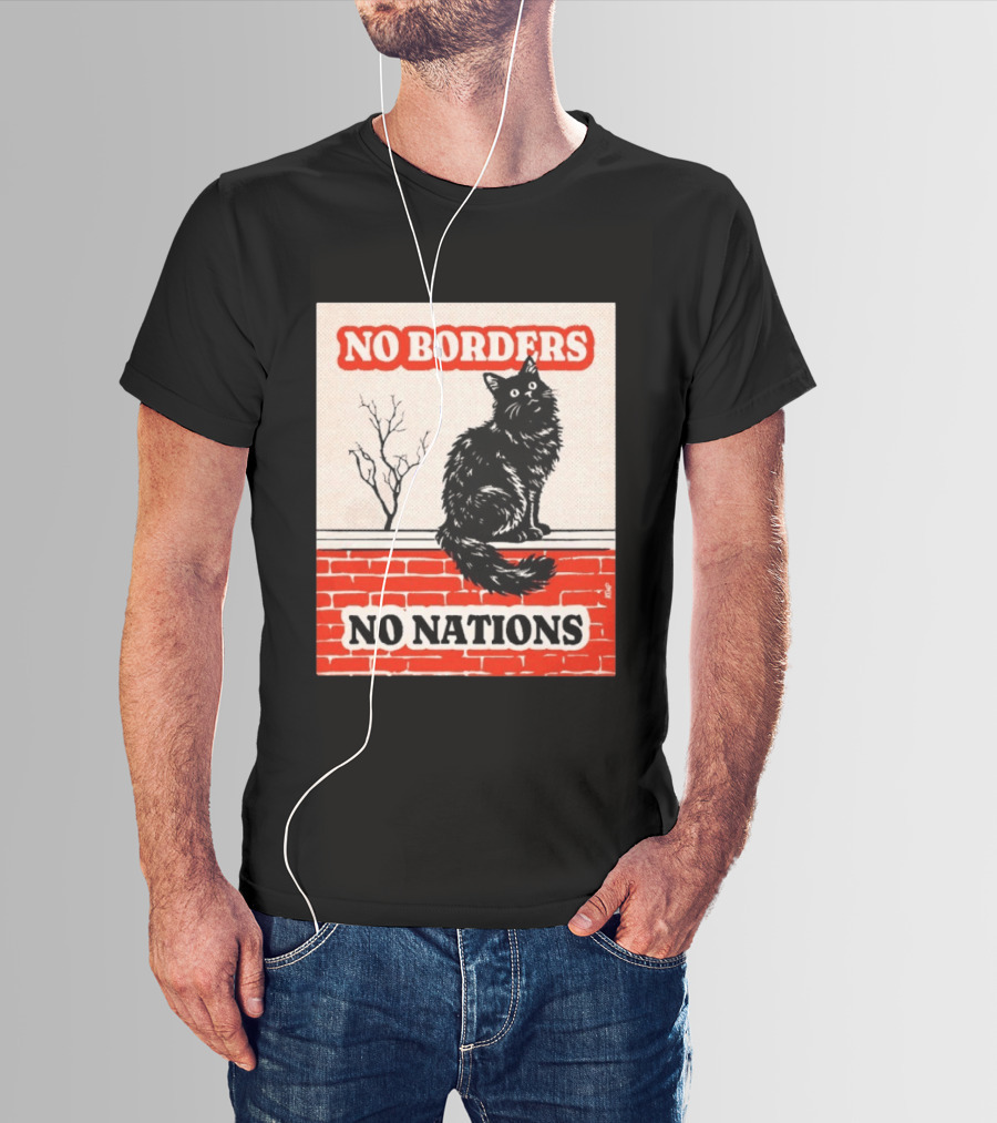 No Borders No Nations Cat Black Feline On Brick Wall T-Shirt