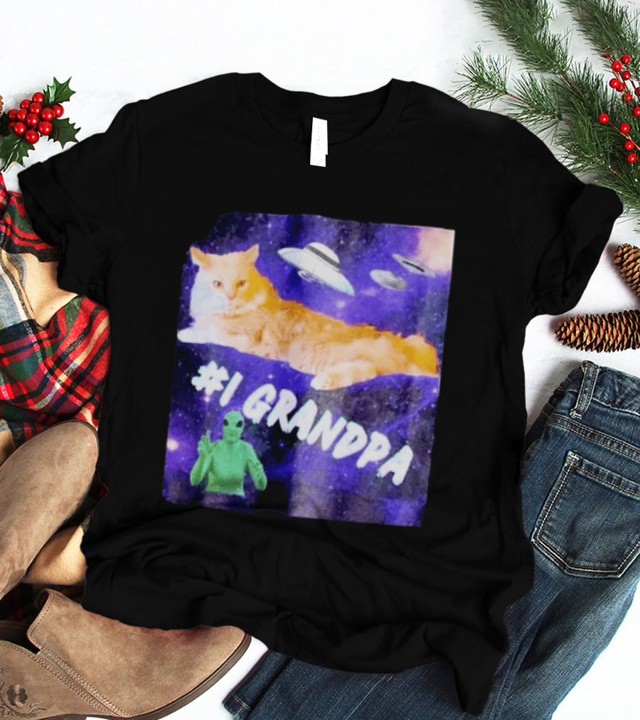 #1 Grandpa Cat Collage Alien And UFO Space T-Shirt