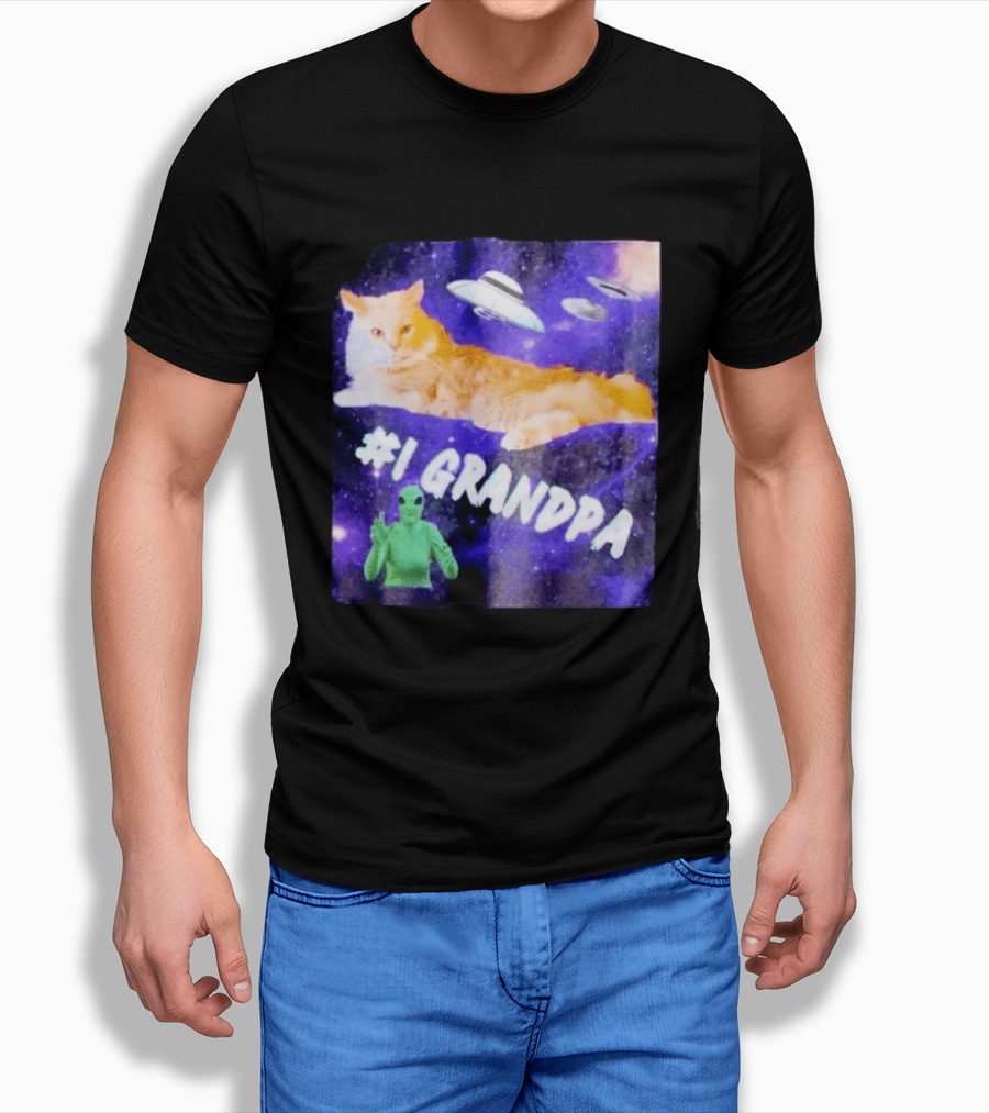 #1 Grandpa Cat Collage Alien And UFO Space T-Shirt