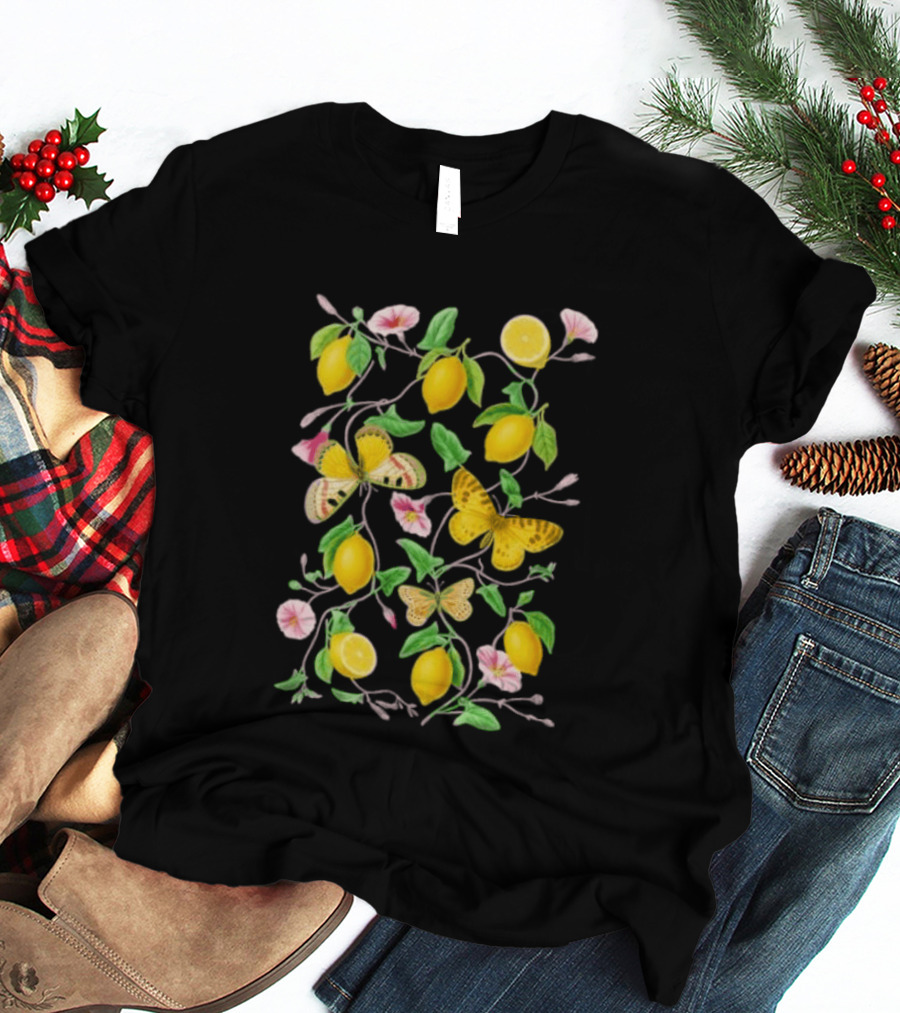 Botanical Lemon Butterfly Pink Flowers And Green Leaves T-Shirt