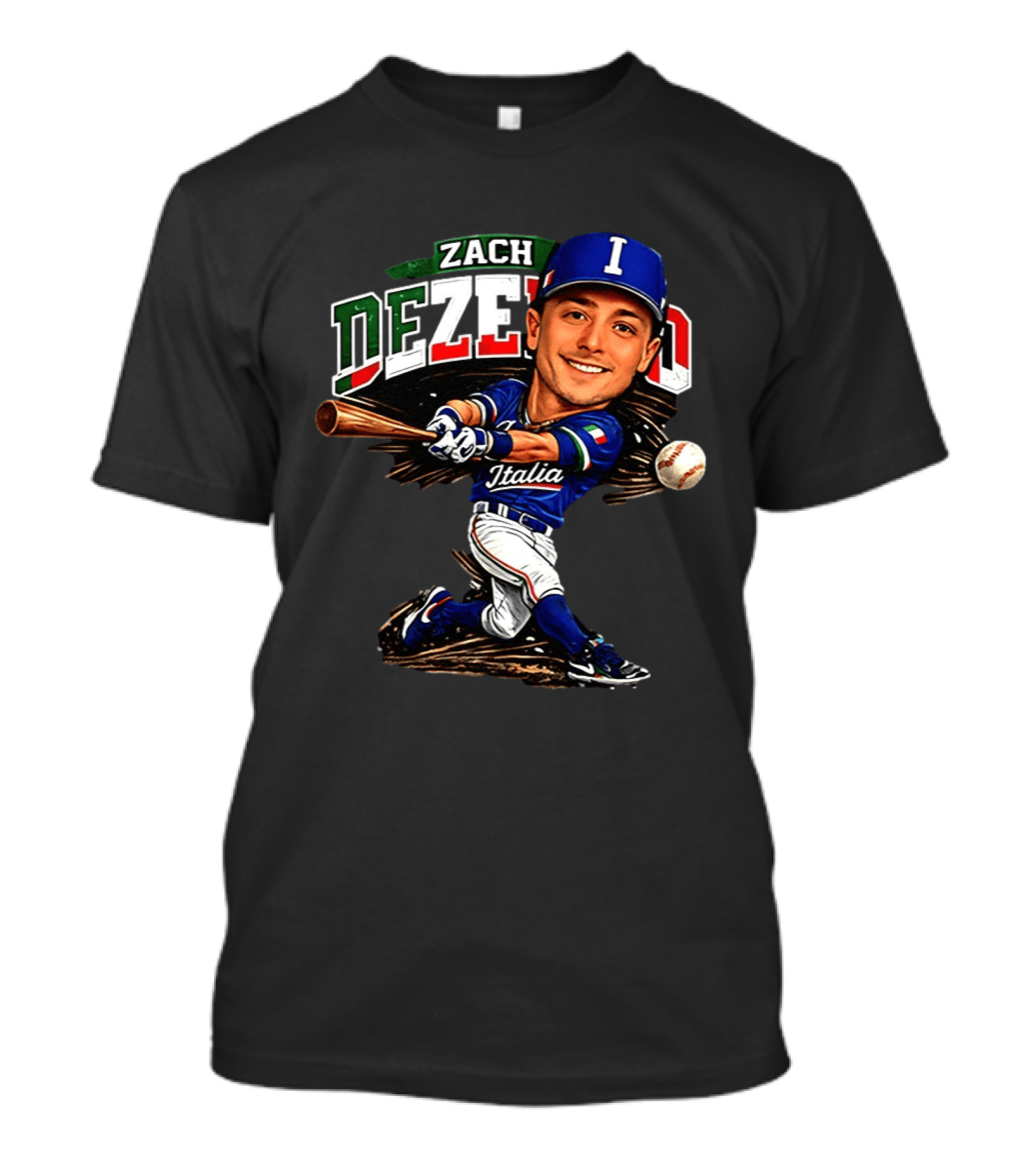 Zach Dezenzo Italia Baseball Classic Caricature Swinging Batter T-Shirt