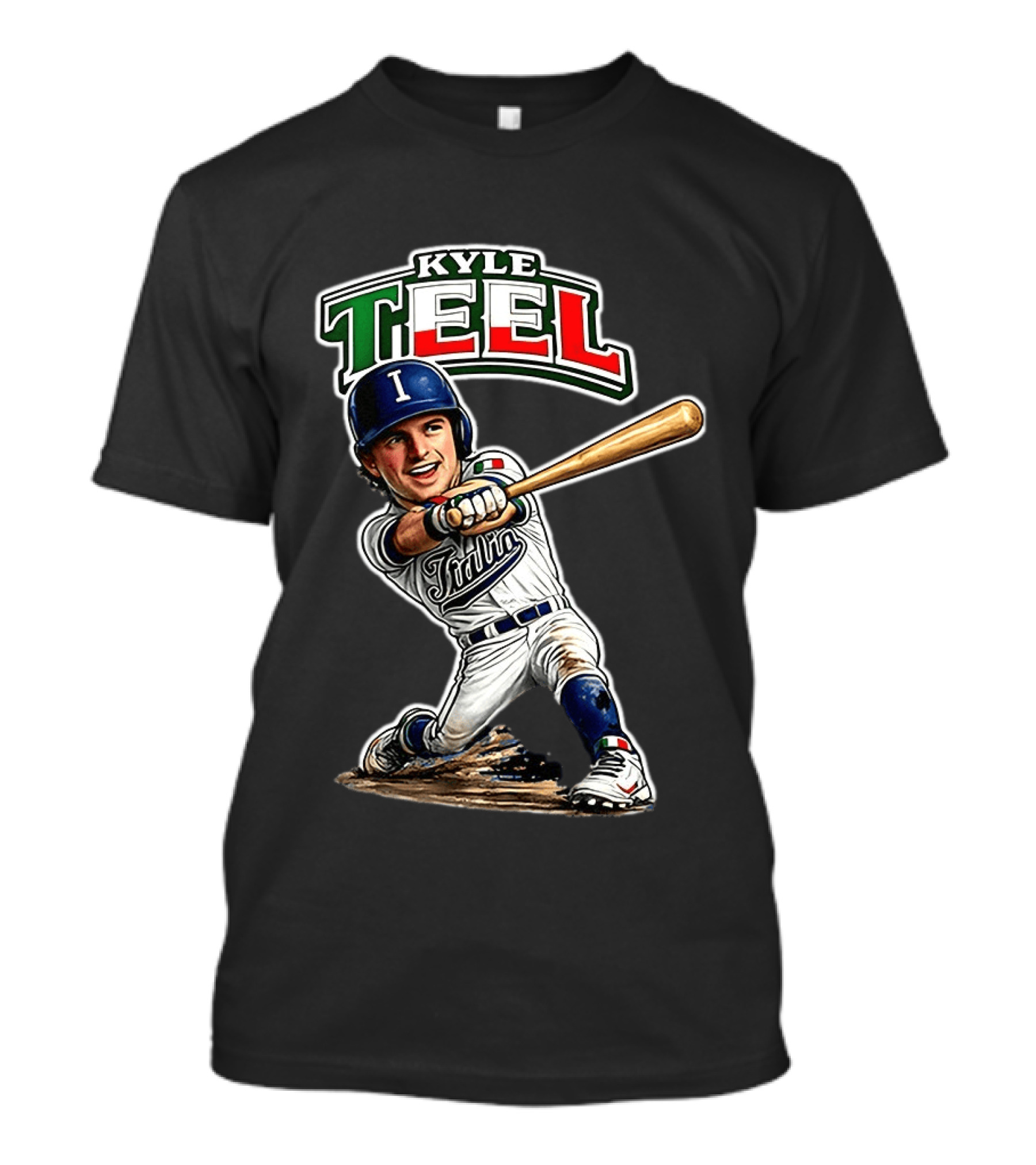 Kyle Teel Italy Baseball Classic Caricature Italy Flag Colors Batting Action T-Shirt