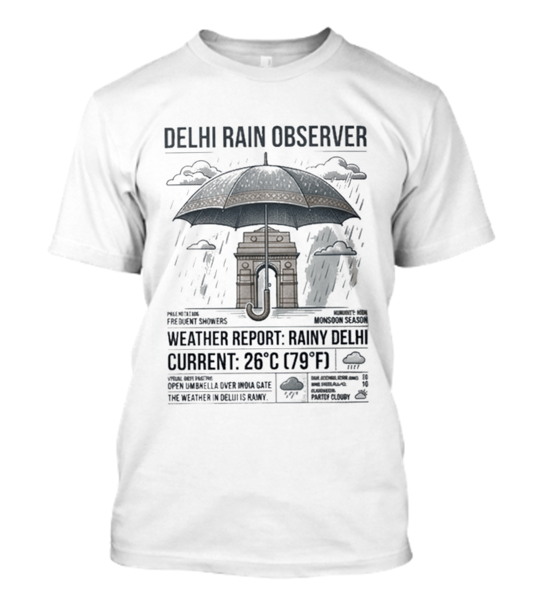 Delhi Rain Observer Current Weather Report Rainy 26°C (79°F) T-Shirt