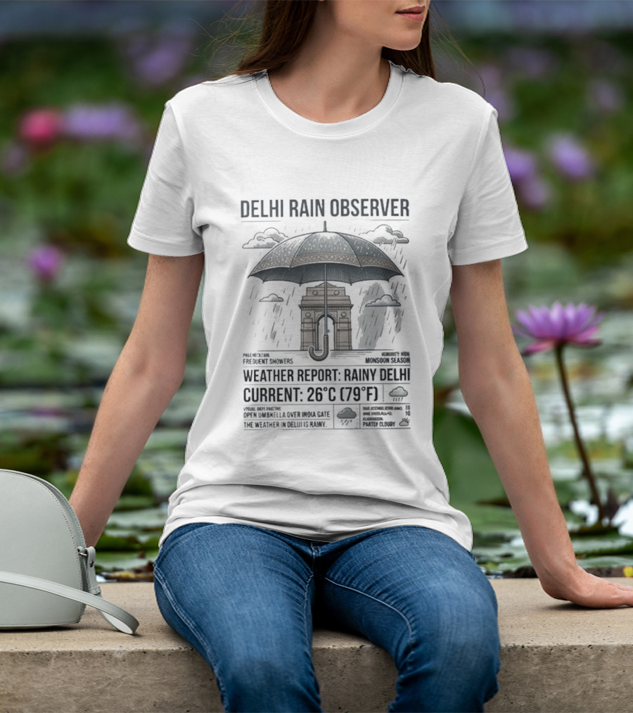 Delhi Rain Observer Current Weather Report Rainy 26°C (79°F) T-Shirt