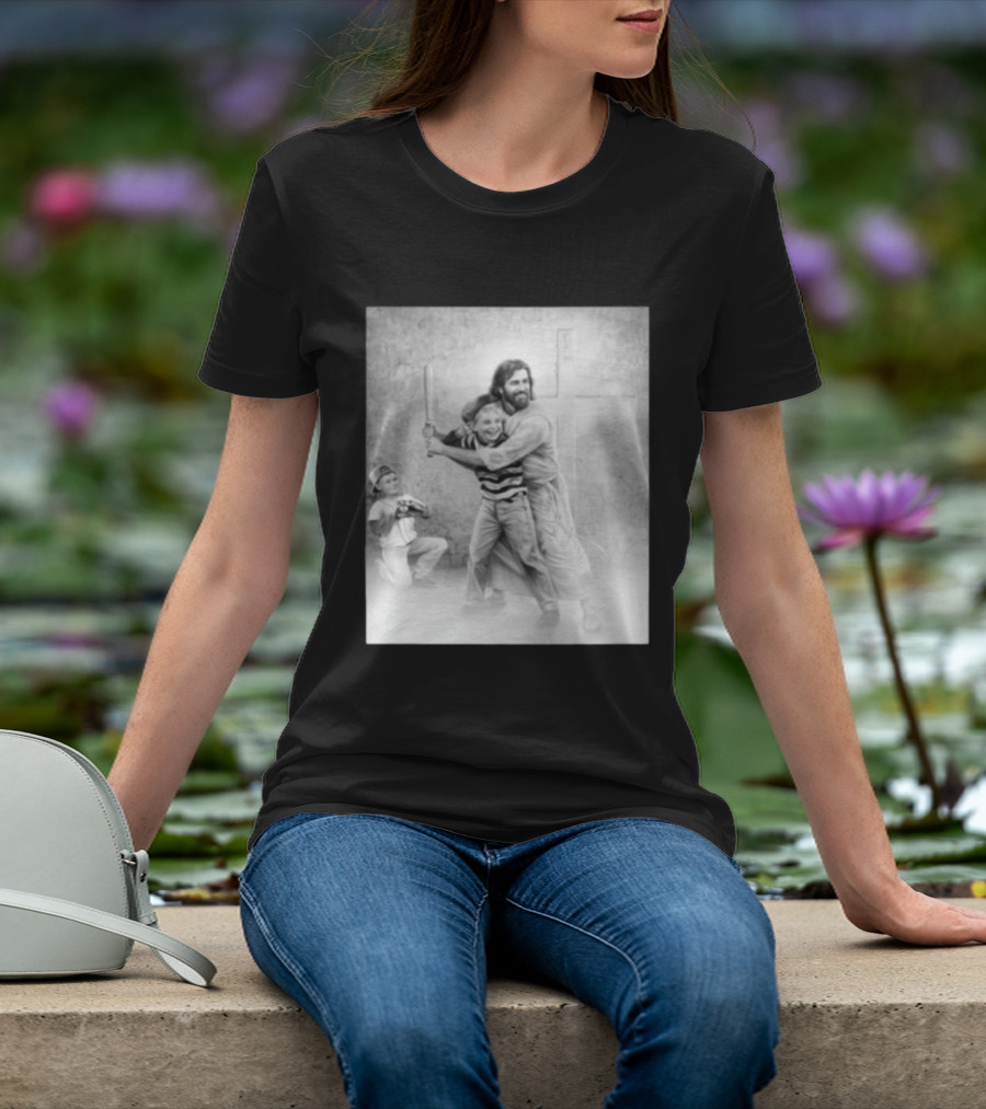 Jesus As A Coach With Children Playing Baseball In Front Of A Cross T-Shirt