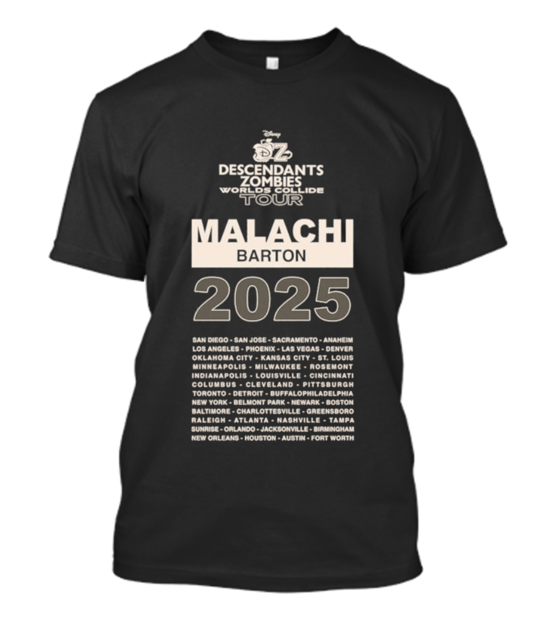 Descendants Zombies Worlds Collide Tour Malachi Barton 2025 City List T-Shirt