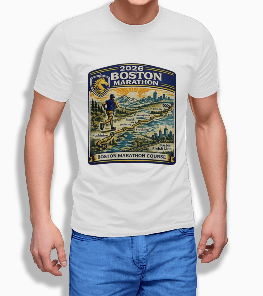 2026 Boston Marathon Course Hopkinton Framingham Natick Wellesley Brookline Finish Line T-Shirt