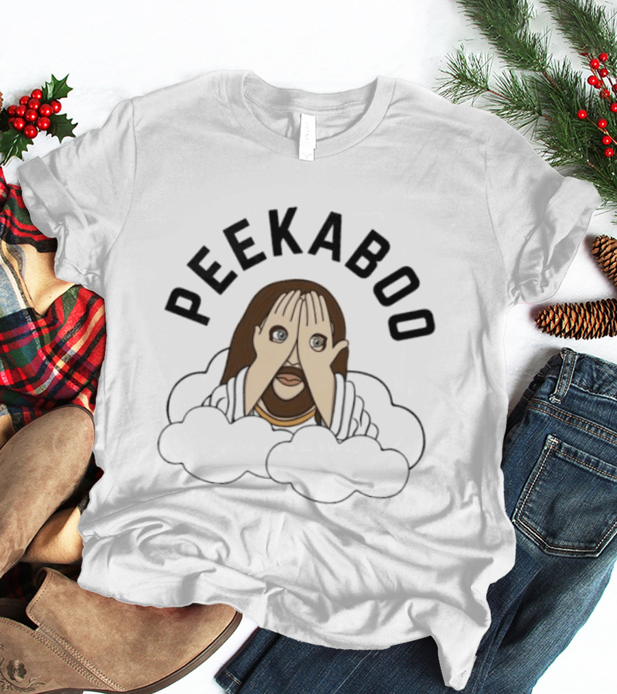 PEEKABOO Jesus Cartoon Clouds Playful Hands Covering Eyes T-Shirt