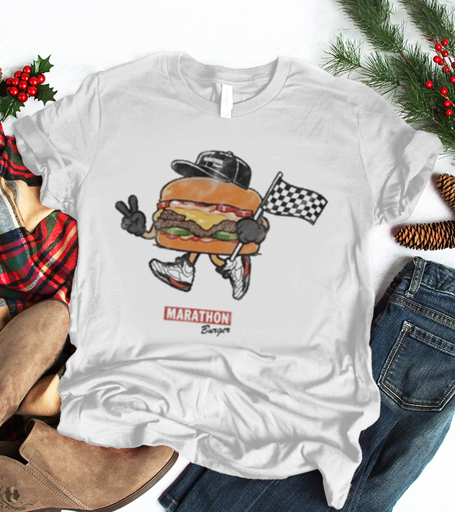 Marathon Burger Cartoon Racing With Peace Sign And Checkered Flag T-Shirt
