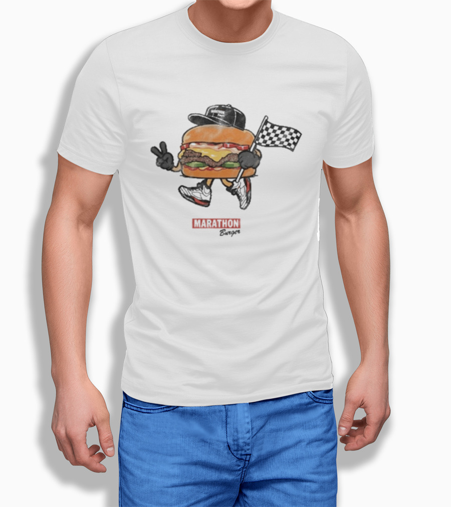 Marathon Burger Cartoon Racing With Peace Sign And Checkered Flag T-Shirt