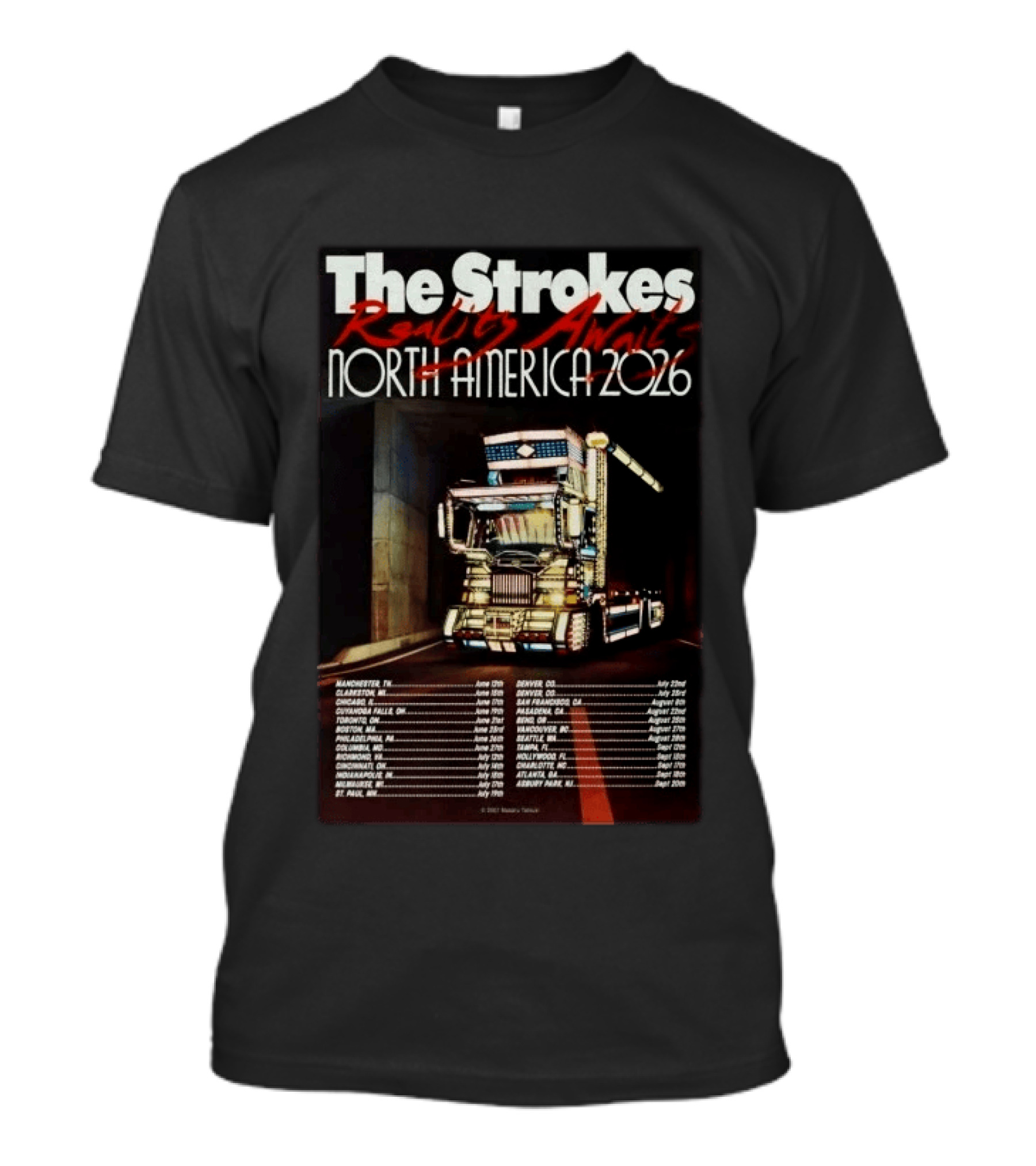 The Strokes Reality Awaits North America 2026 Tour With Concert Dates And American Flag Truck T-Shirt