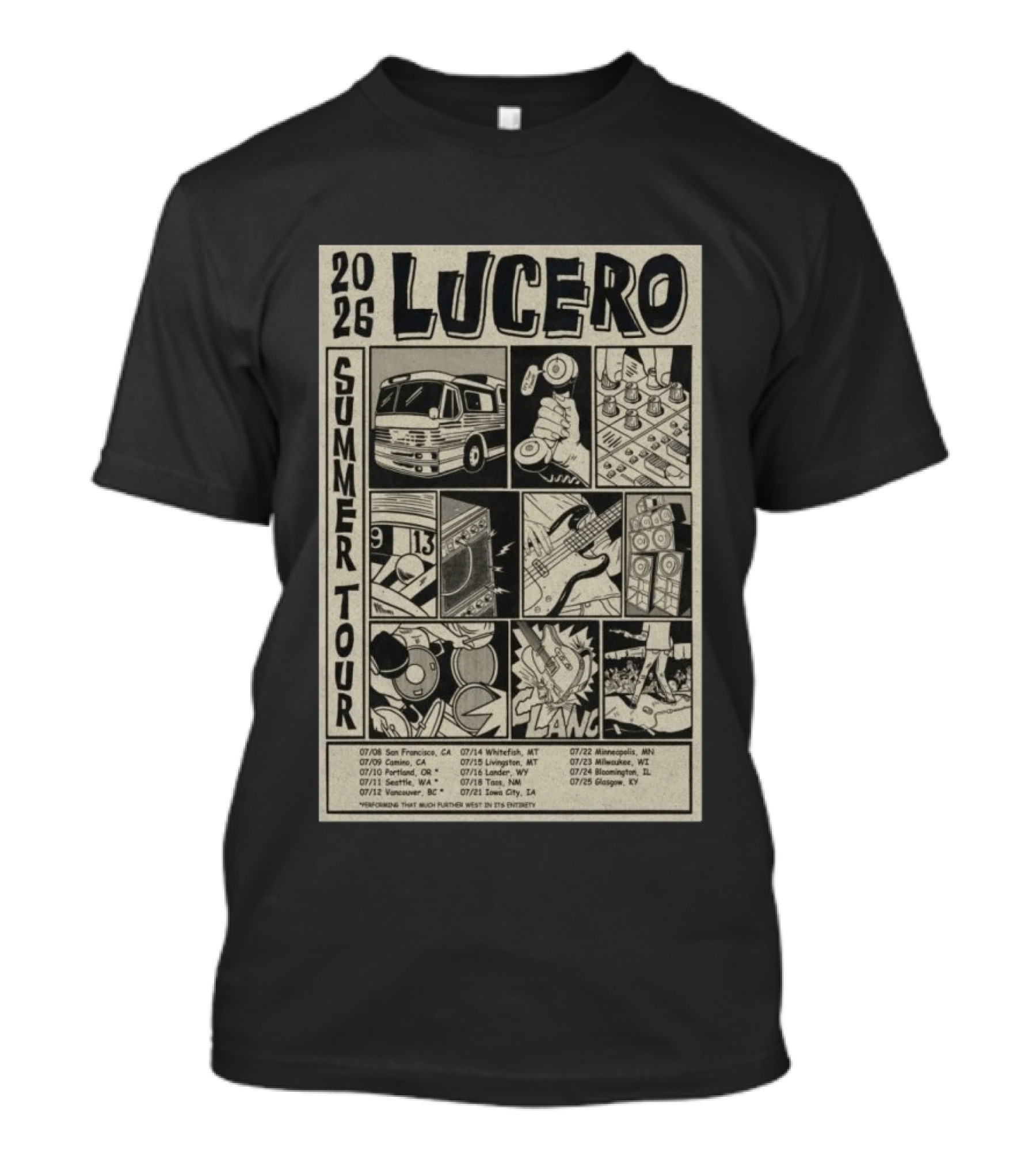 2026 Lucero Summer Tour Dates Featuring Vintage Comic Style With Iconic Band Imagery And Tour Stops T-Shirt