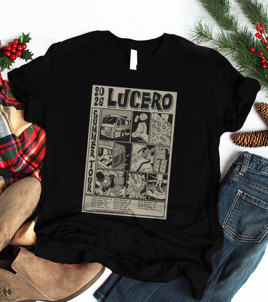2026 Lucero Summer Tour Dates Featuring Vintage Comic Style With Iconic Band Imagery And Tour Stops T-Shirt
