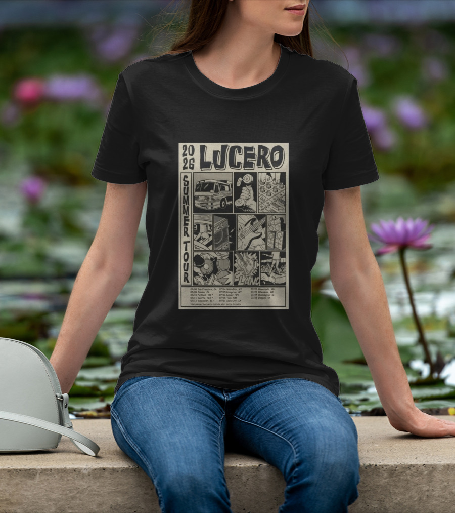 2026 Lucero Summer Tour Dates Featuring Vintage Comic Style With Iconic Band Imagery And Tour Stops T-Shirt