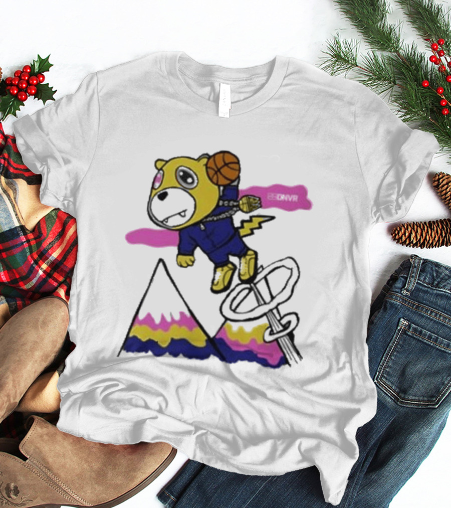 Dnvr Flying Basketball Mascot In Colorful Mountain Scene With Bicycle And Lightning T-Shirt