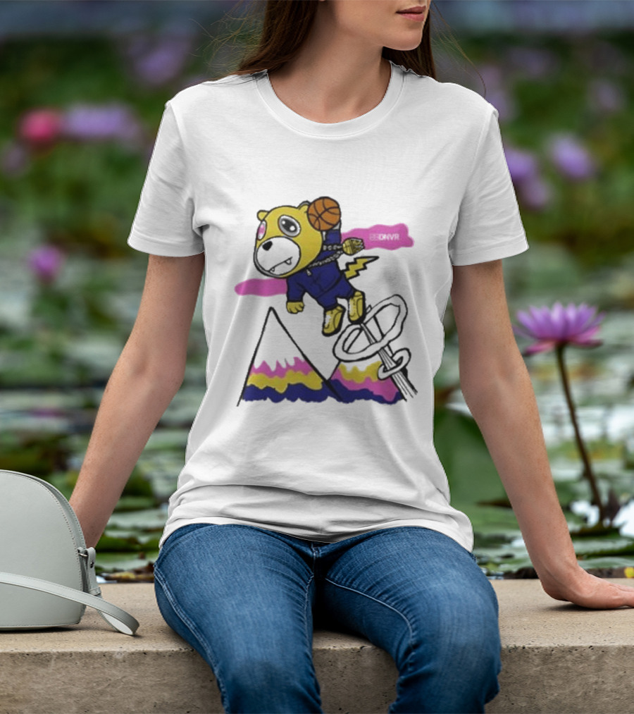 Dnvr Flying Basketball Mascot In Colorful Mountain Scene With Bicycle And Lightning T-Shirt