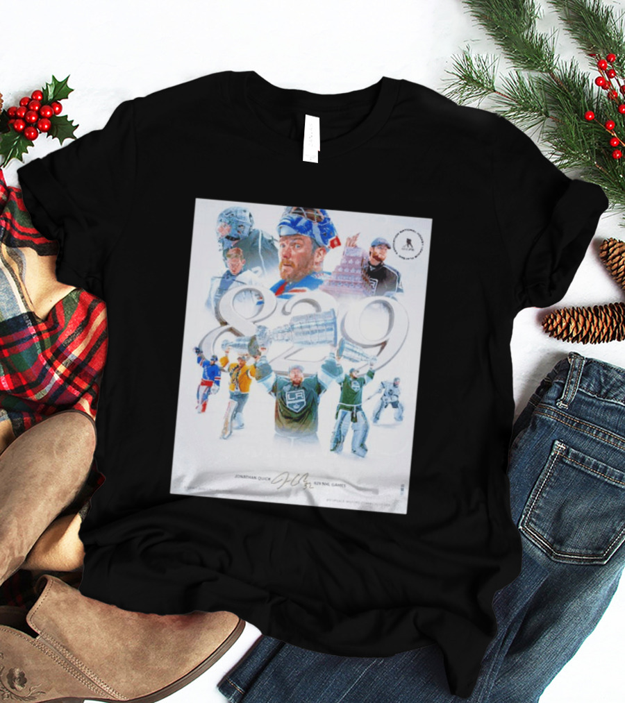 Jonathan Quick 829 NHL Games Collage With Stanley Cup Images T-Shirt