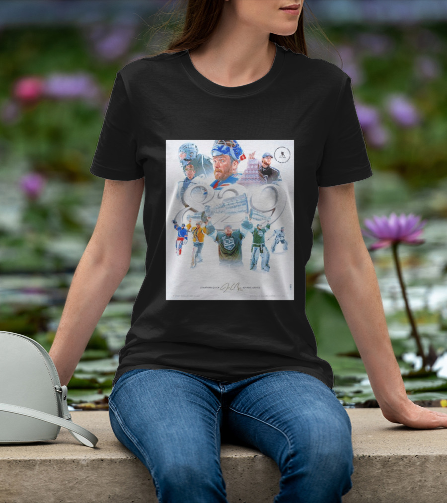 Jonathan Quick 829 NHL Games Collage With Stanley Cup Images T-Shirt