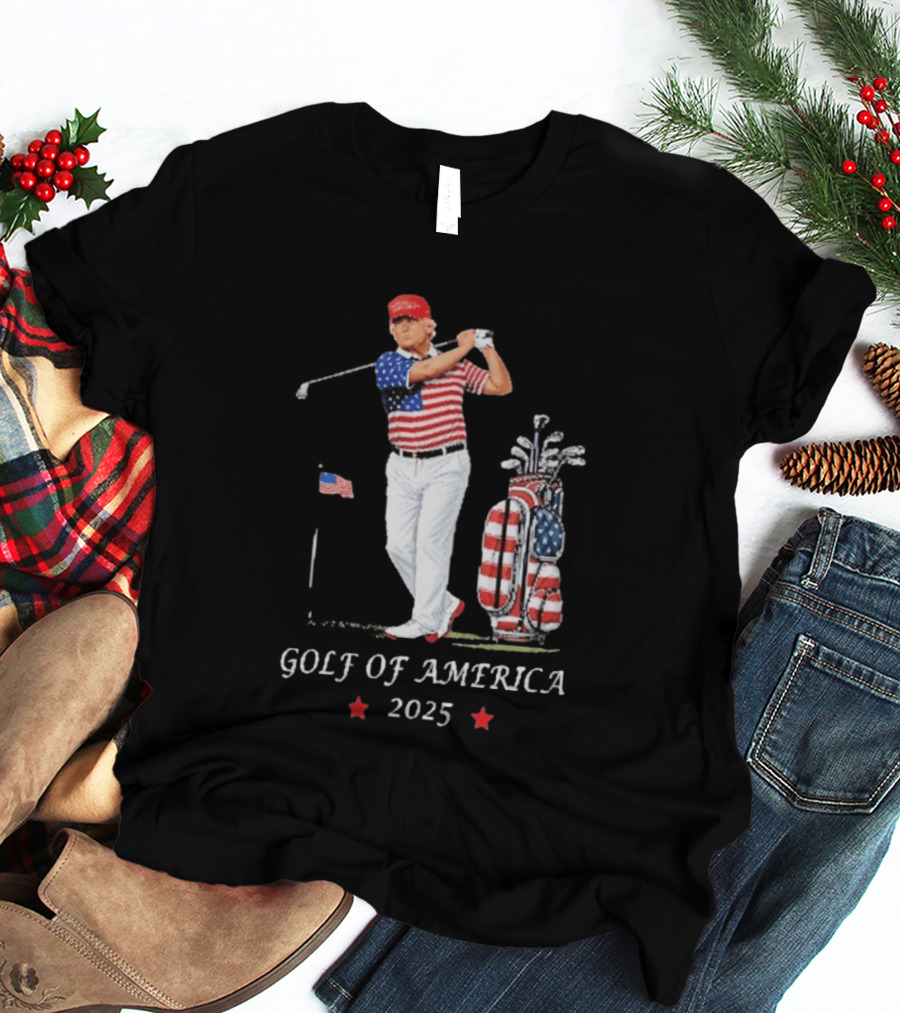 GOLF OF AMERICA 2025 Trump Red Cap Stars Stripes Golf Bag T-Shirt