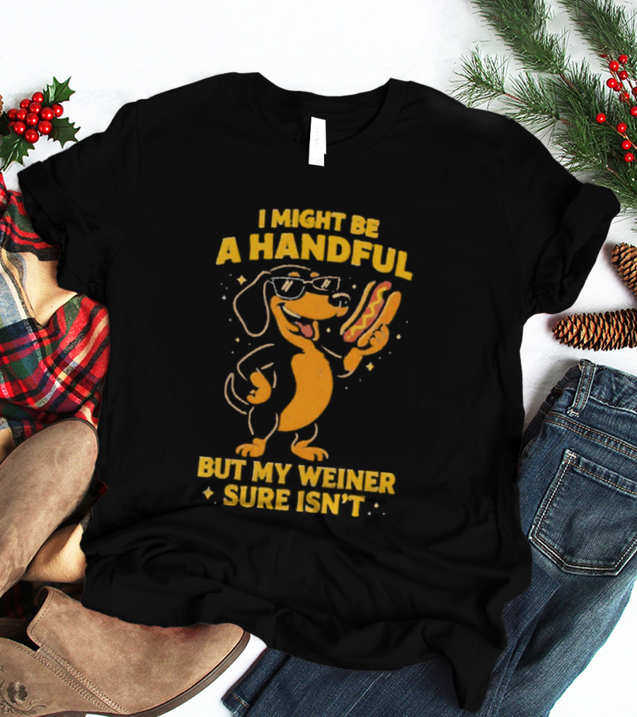 I Might Be A Handful But My Weiner Sure Isn't Hotdog Dog Wearing Glasses Holding Hotdog T-Shirt