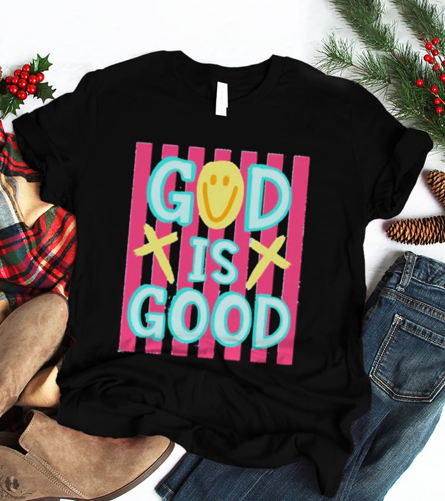 God Is Good Smiley Face Crosses Pink Stripes T-Shirt
