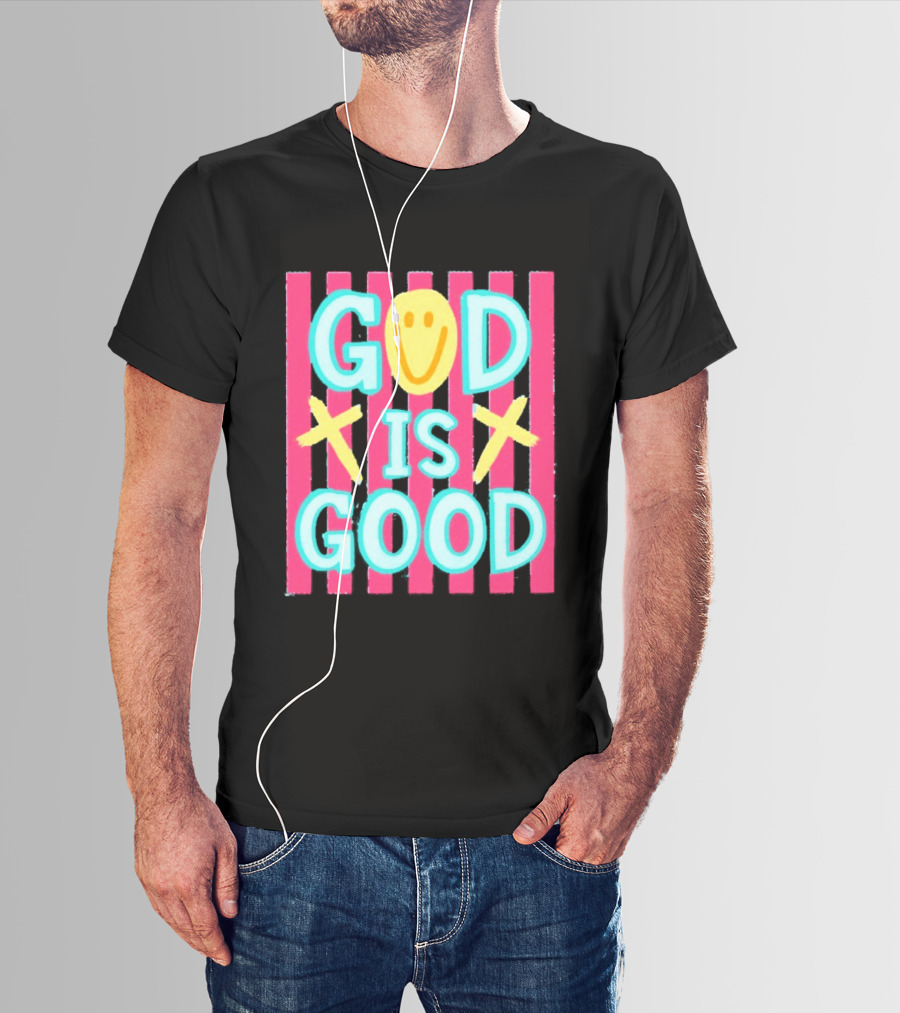 God Is Good Smiley Face Crosses Pink Stripes T-Shirt
