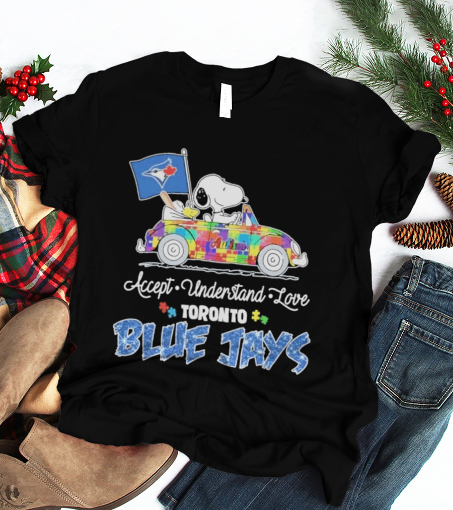 Snoopy Woodstock Driving Car Toronto Blue Jays Autism Awareness Accept Understand Love T-Shirt