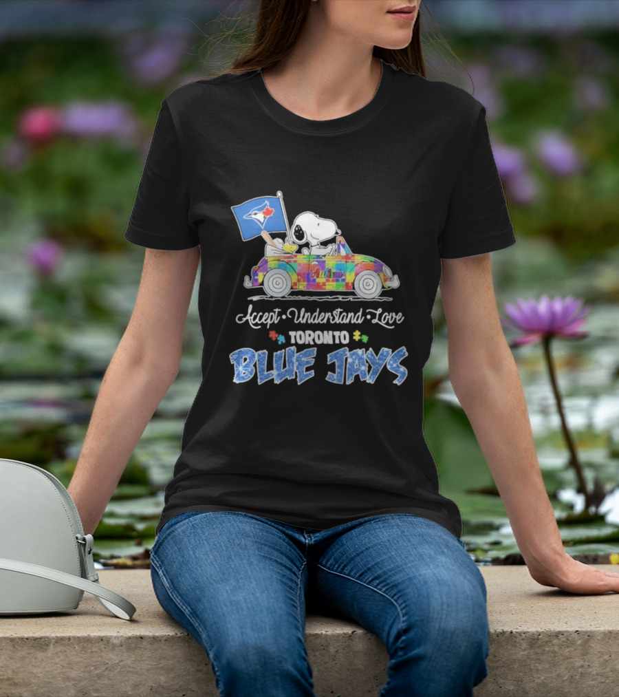 Snoopy Woodstock Driving Car Toronto Blue Jays Autism Awareness Accept Understand Love T-Shirt