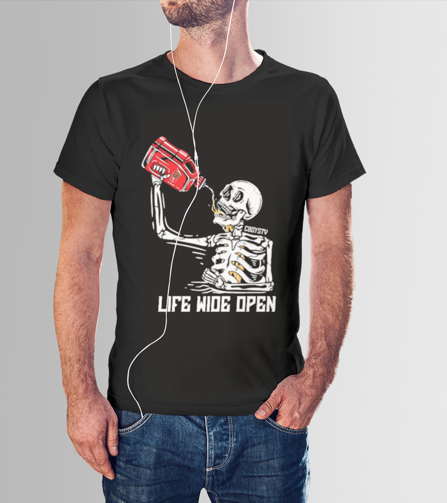 Cboystv Life Wide Open Skeleton Drinking Soul Fuel T-Shirt