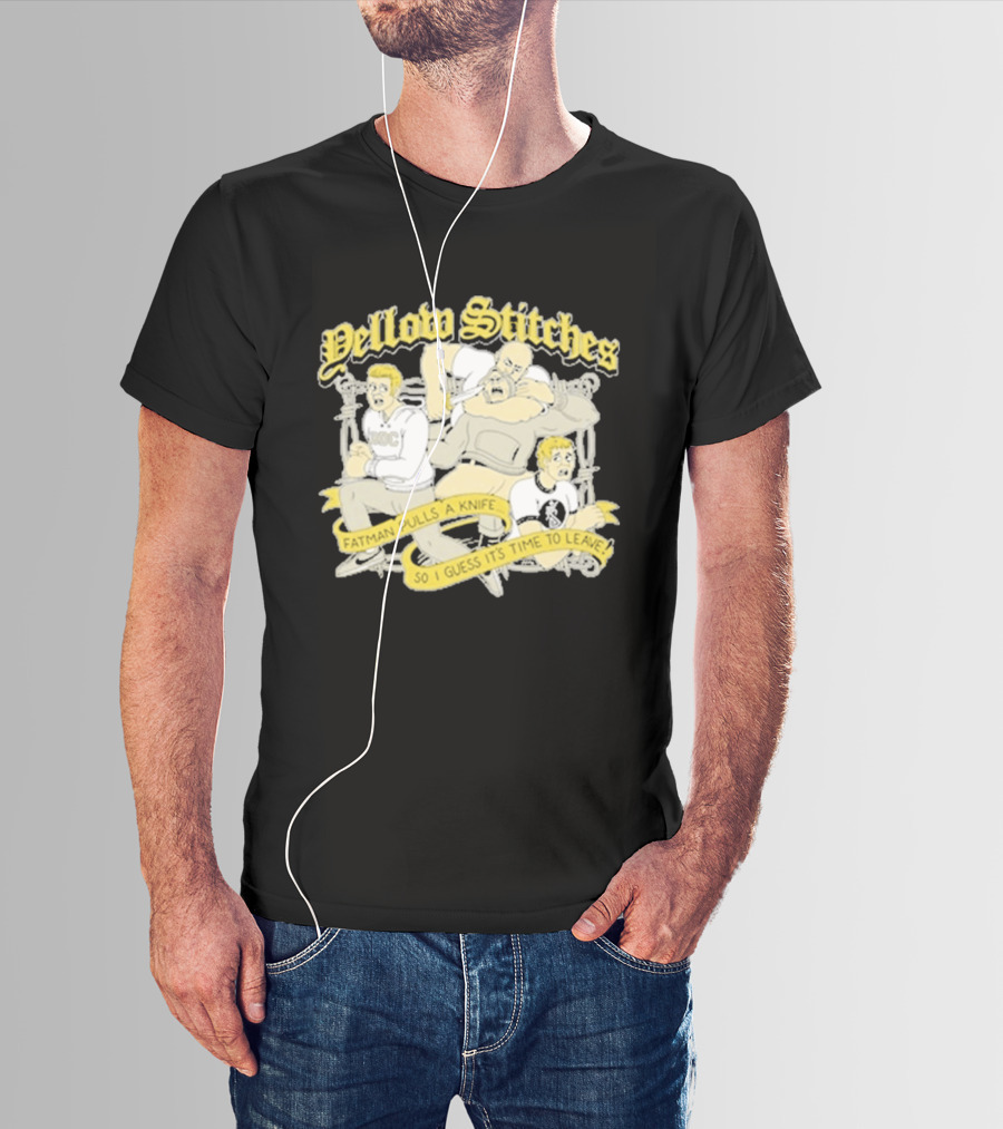 Yellow Stitches Friends Family Forever ROC Fatman Pulls A Knife T-Shirt