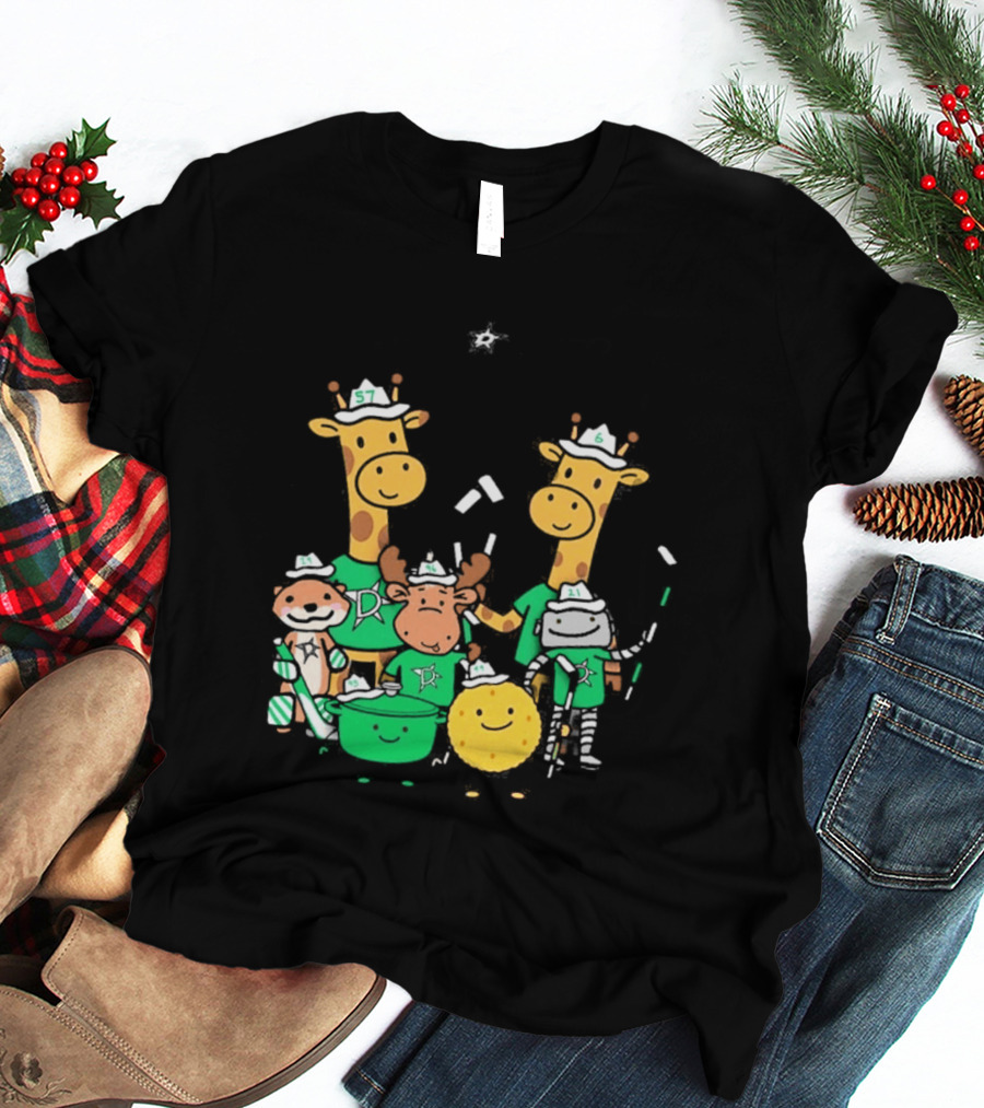 Dallas Stars Cartoon Characters Family Fun With Giraffe Moose Dog Bear And Cat T-Shirt