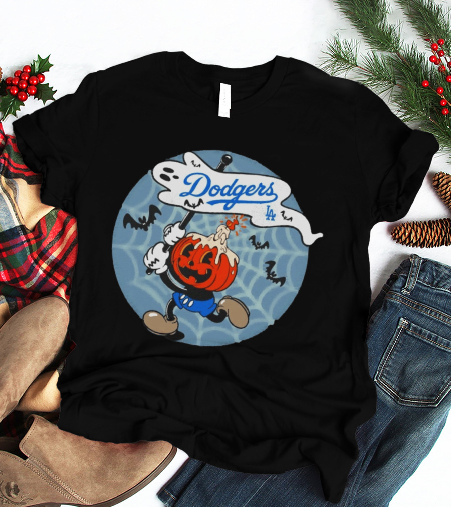 Los Angeles Dodgers Halloween Pumpkin Head Vintage Cartoon With Bats And Webs T-Shirt