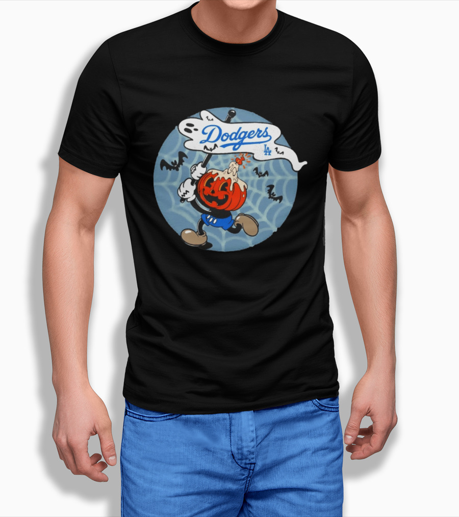 Los Angeles Dodgers Halloween Pumpkin Head Vintage Cartoon With Bats And Webs T-Shirt