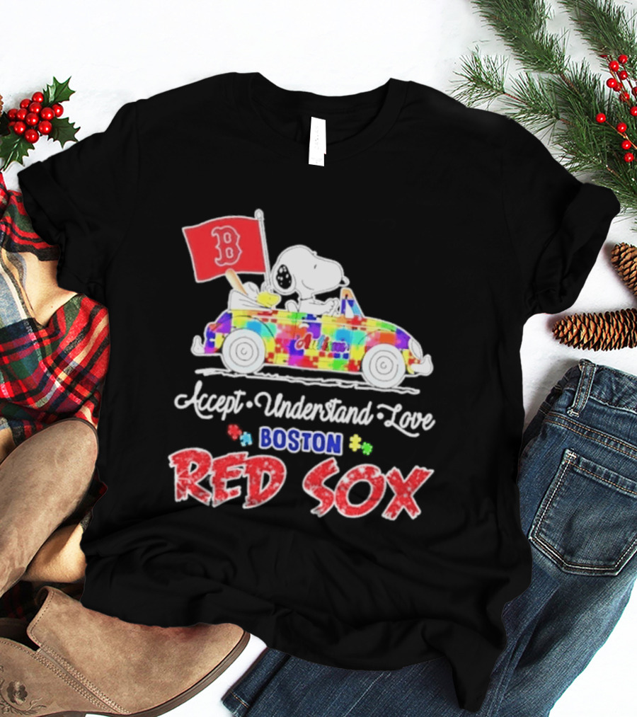 Snoopy Woodstock Boston Red Sox Driving Car Autism Awareness Accept Understand Love 2026 T-Shirt