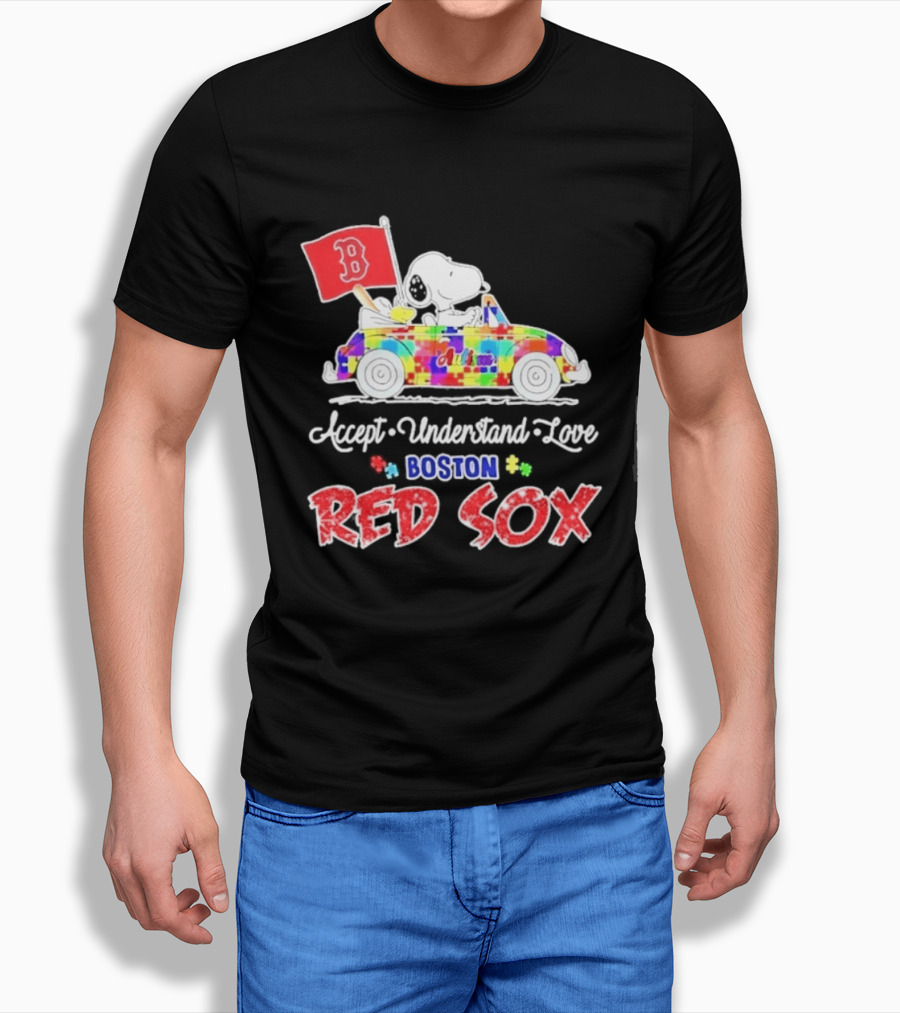 Snoopy Woodstock Boston Red Sox Driving Car Autism Awareness Accept Understand Love 2026 T-Shirt