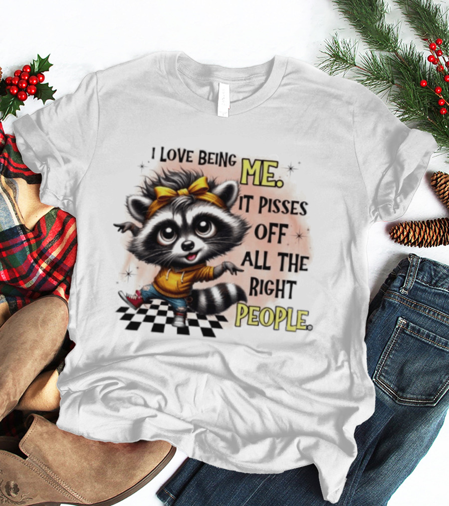 Raccoon I Love Being Me It Pisses Off All The Right People Yellow Bandana Denim Sneakers T-Shirt
