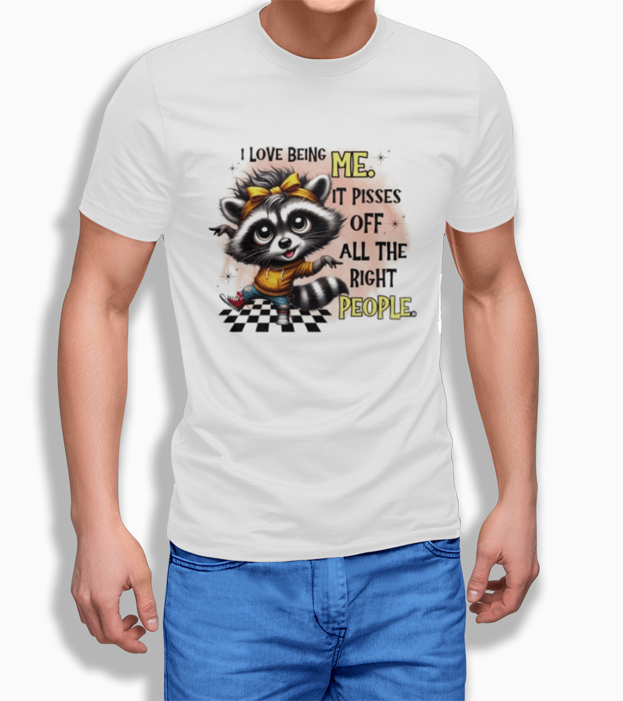 Raccoon I Love Being Me It Pisses Off All The Right People Yellow Bandana Denim Sneakers T-Shirt