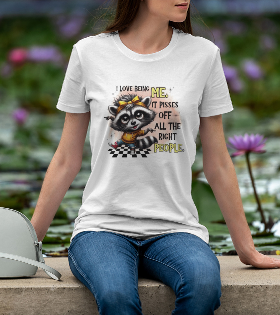 Raccoon I Love Being Me It Pisses Off All The Right People Yellow Bandana Denim Sneakers T-Shirt