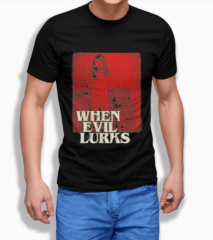 When Evil Lurks Red Background Girl With Bear T-Shirt