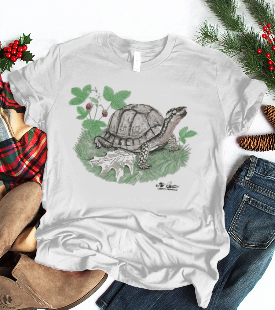 Naturet Turtle Among Berries And Greenery On Stone Base T-Shirt