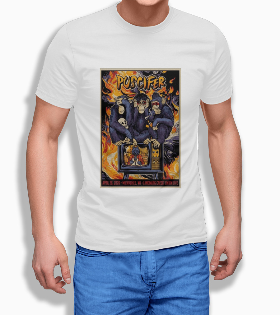 Puscifer April 26 2026 Milwaukee WI Landmark Credit Union Live Monkeys TV Flames T-Shirt
