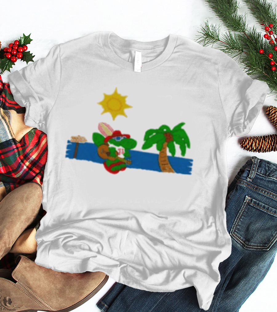 Jimmy Buffett Gator With Guitar By Palm Tree And Sun T-Shirt