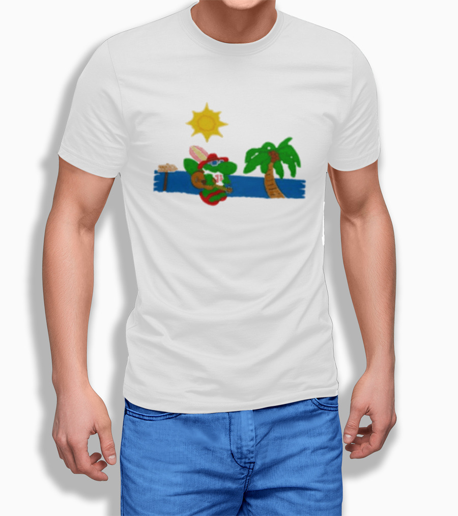Jimmy Buffett Gator With Guitar By Palm Tree And Sun T-Shirt