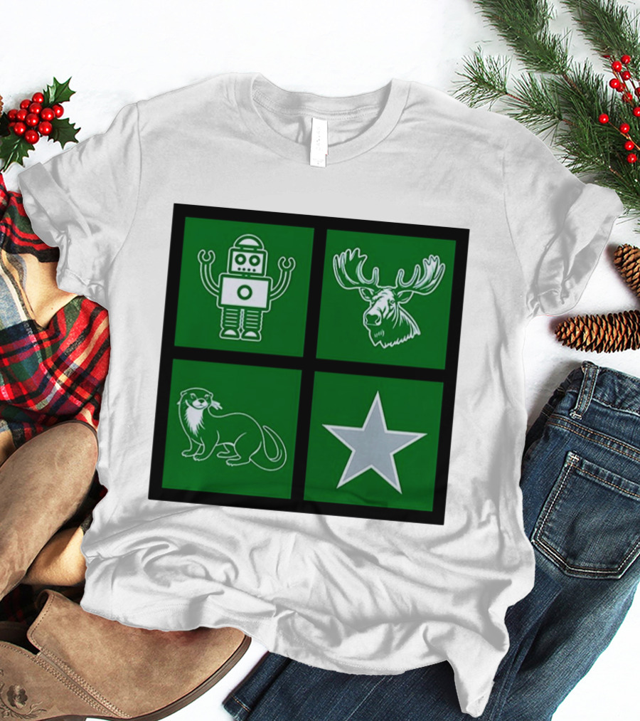 Robot Moose Otter Star Quadrant On Green T-Shirt
