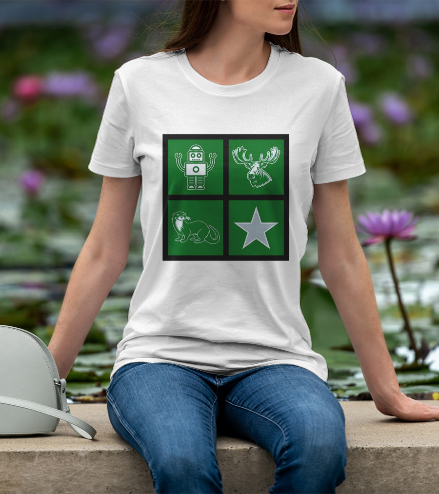 Robot Moose Otter Star Quadrant On Green T-Shirt
