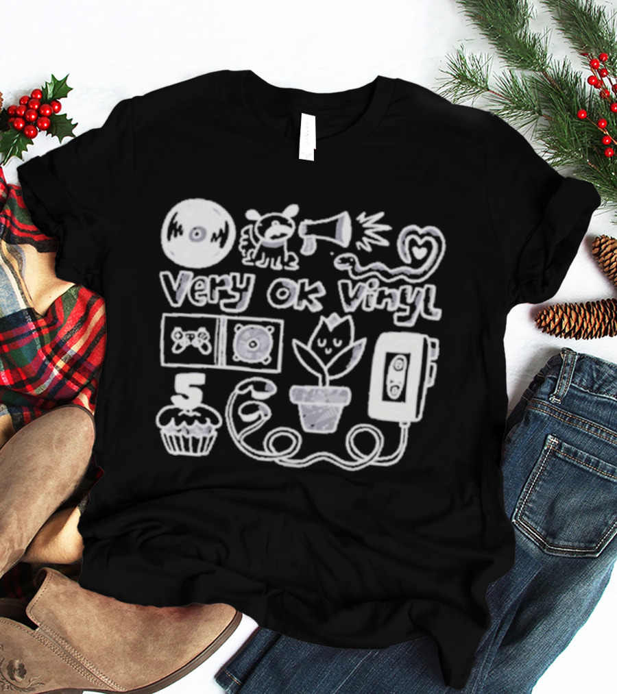 Very Ok Vinyl 5th Anniversary Cupcake Flower Megaphone Heart Cassette Doodle T-Shirt